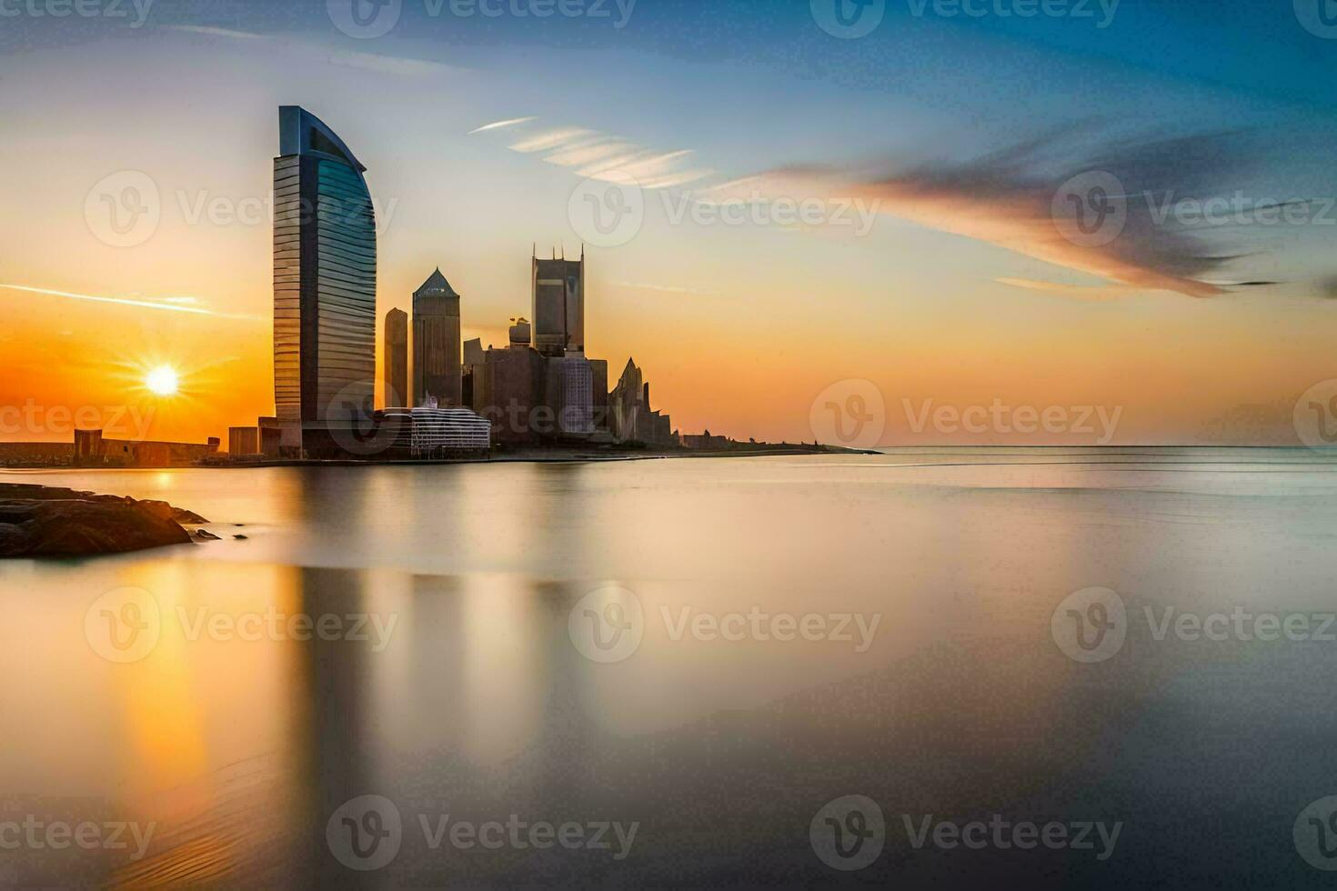 the sun sets over the city skyline in abu dhabi. AI-Generated photo