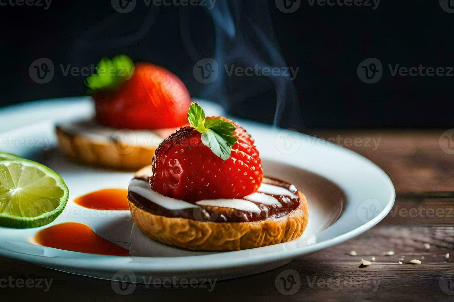 two small desserts with strawberries and lime on a white plate. AI-Generated photo