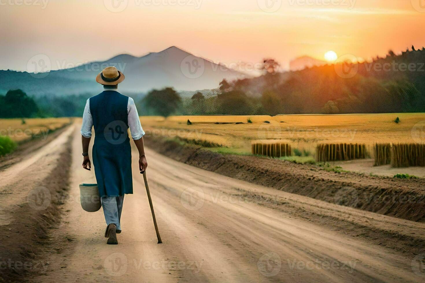 a man walking down a dirt road with a cane. AI-Generated photo