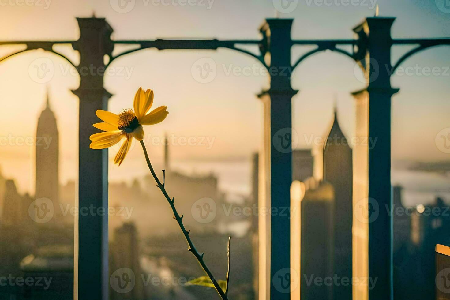 a flower is in front of a city skyline. AI-Generated photo