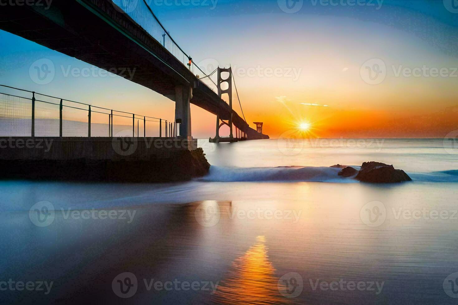 el dorado portón puente a puesta de sol. generado por ai foto