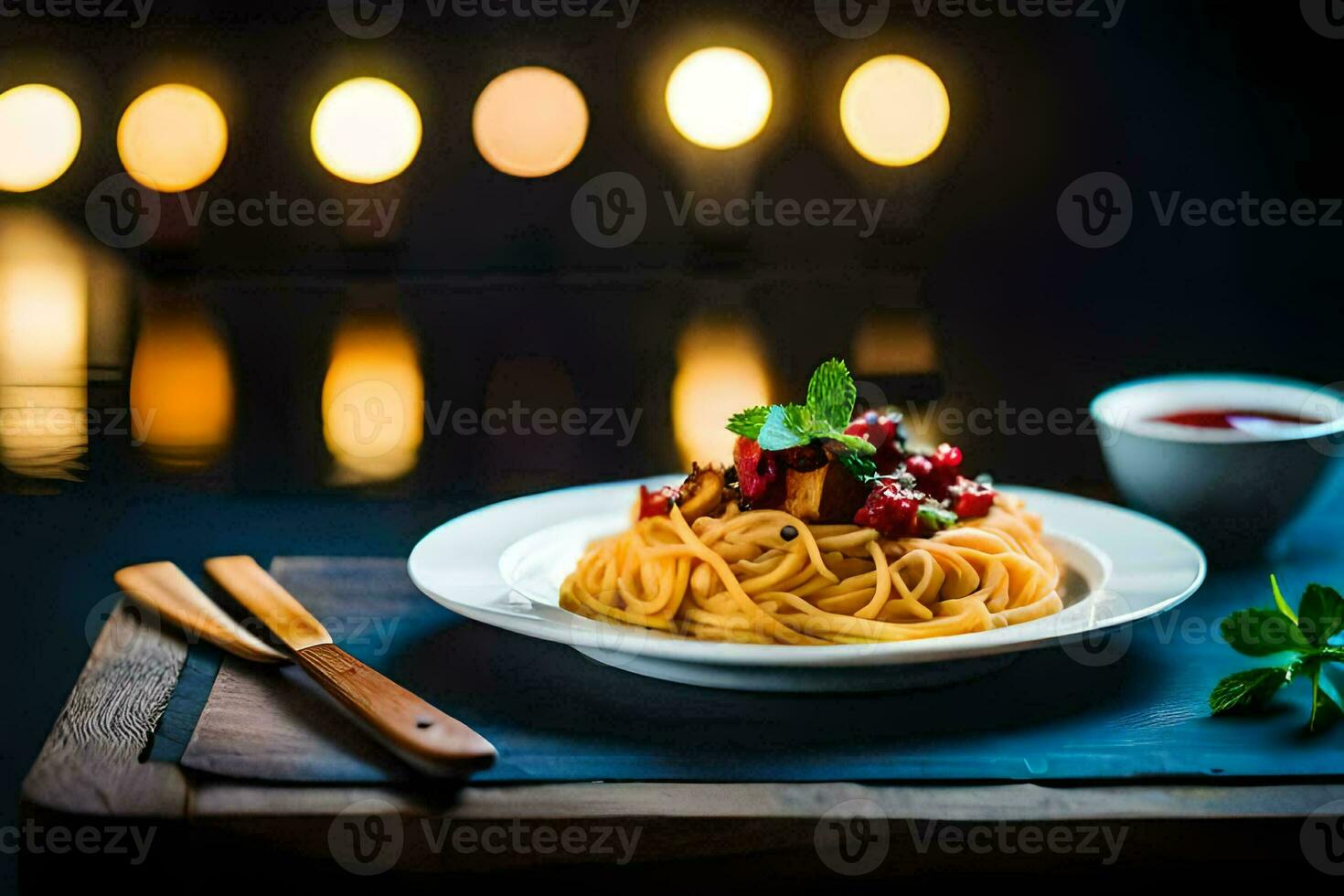 spaghetti with tomato sauce and basil on a plate. AI-Generated photo