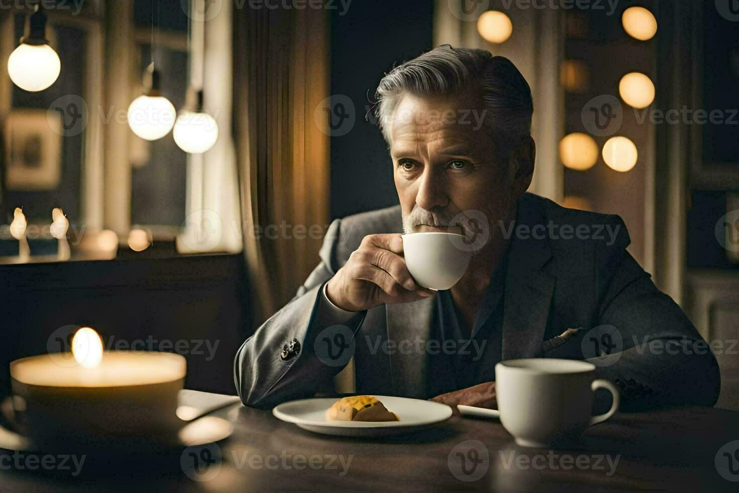 a man in a suit drinking coffee and eating a piece of cake. AI-Generated photo