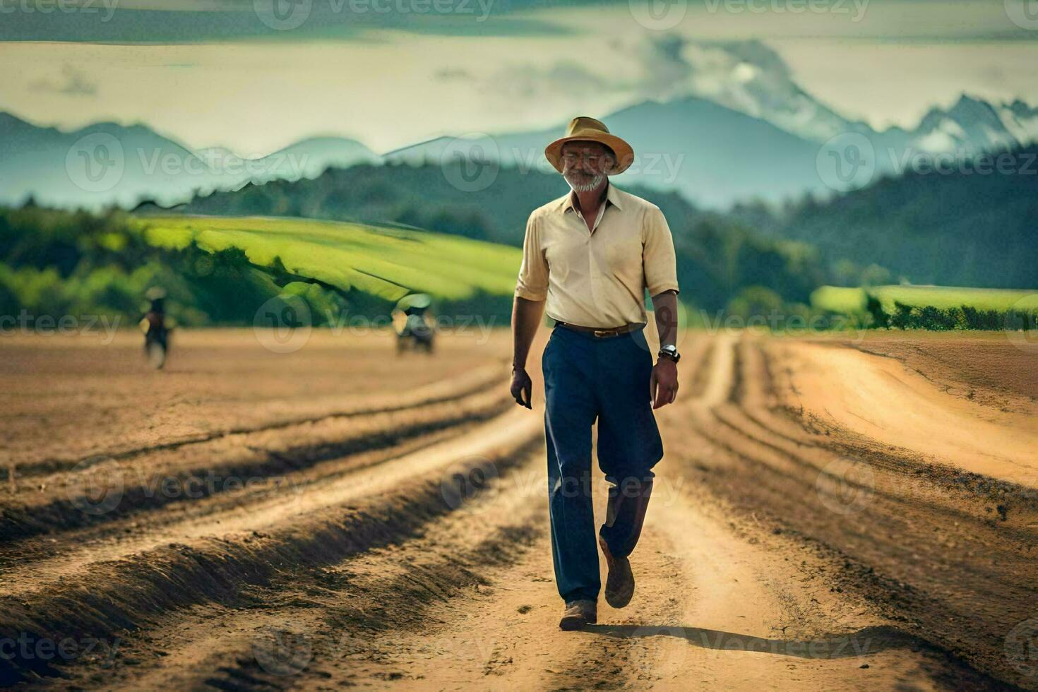 a man in a hat walks down a dirt road. AI-Generated photo