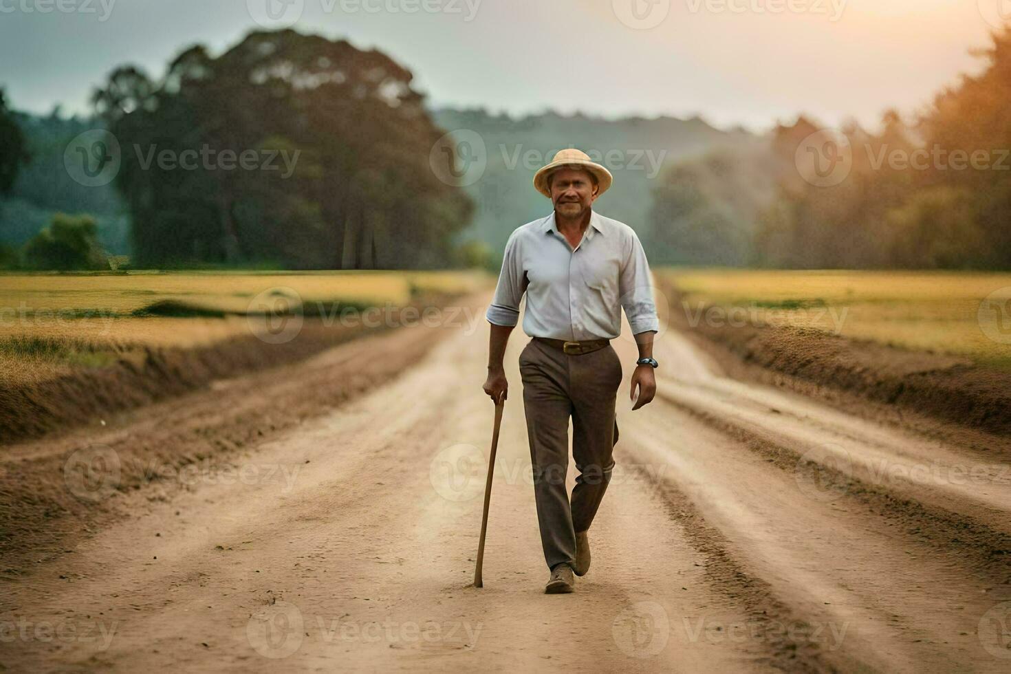 an old man walking on a dirt road. AI-Generated photo