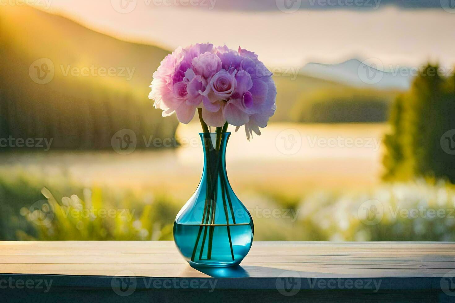 a vase with pink flowers on a table in front of a lake. AI-Generated photo