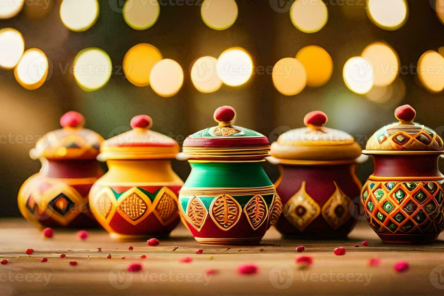 colorful pots on a wooden table with lights. AI-Generated photo