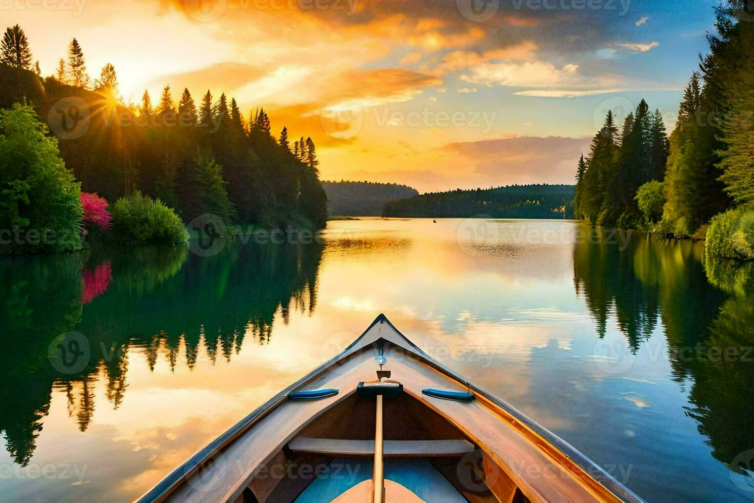 a canoe is floating on a lake at sunset. AI-Generated photo