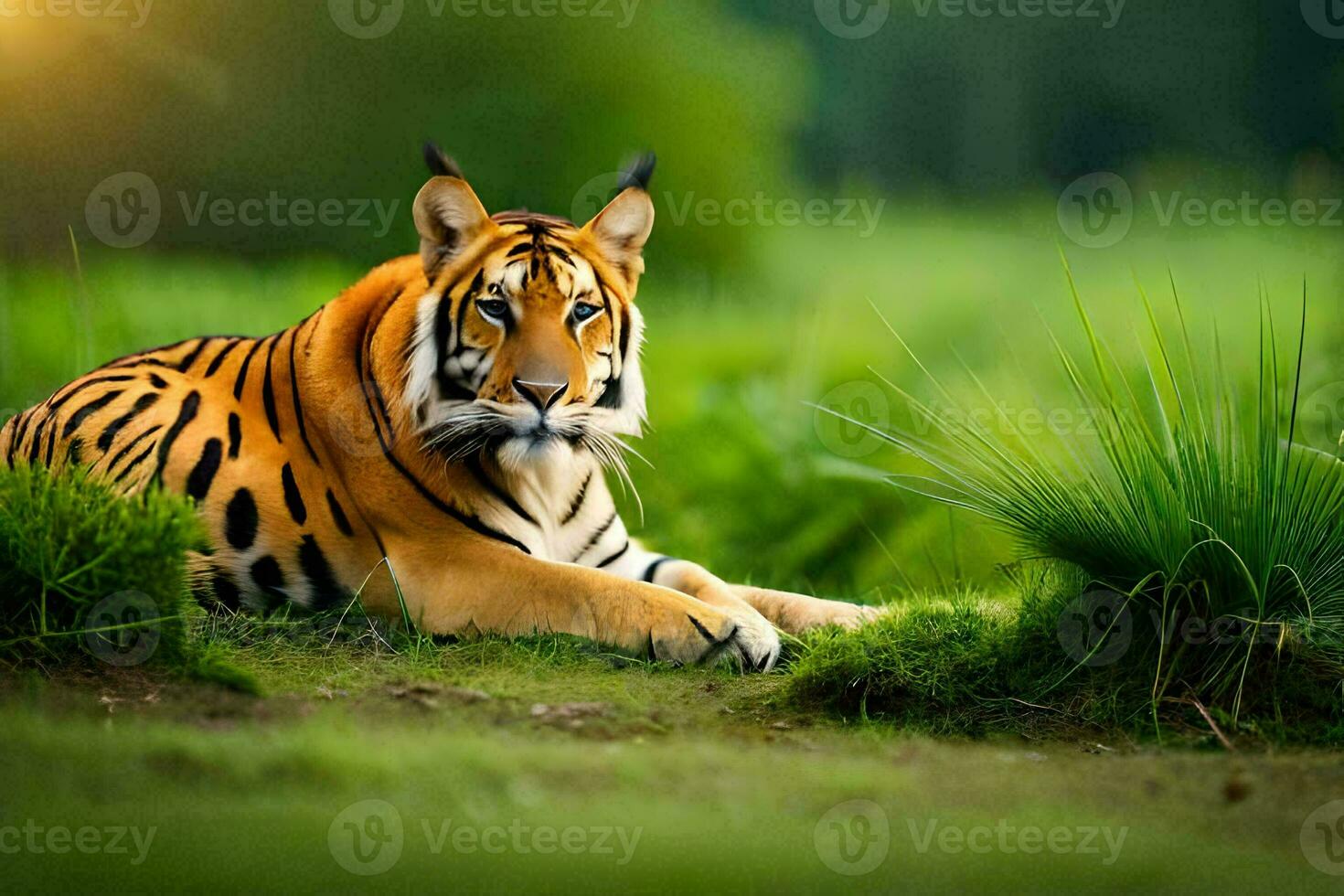 a tiger is laying in the grass. AI-Generated photo