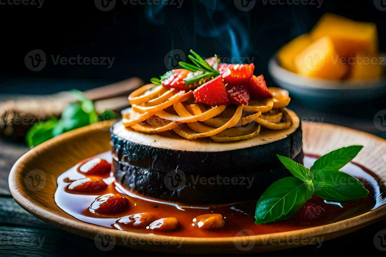 a dessert with fruit and spices on a plate. AI-Generated photo