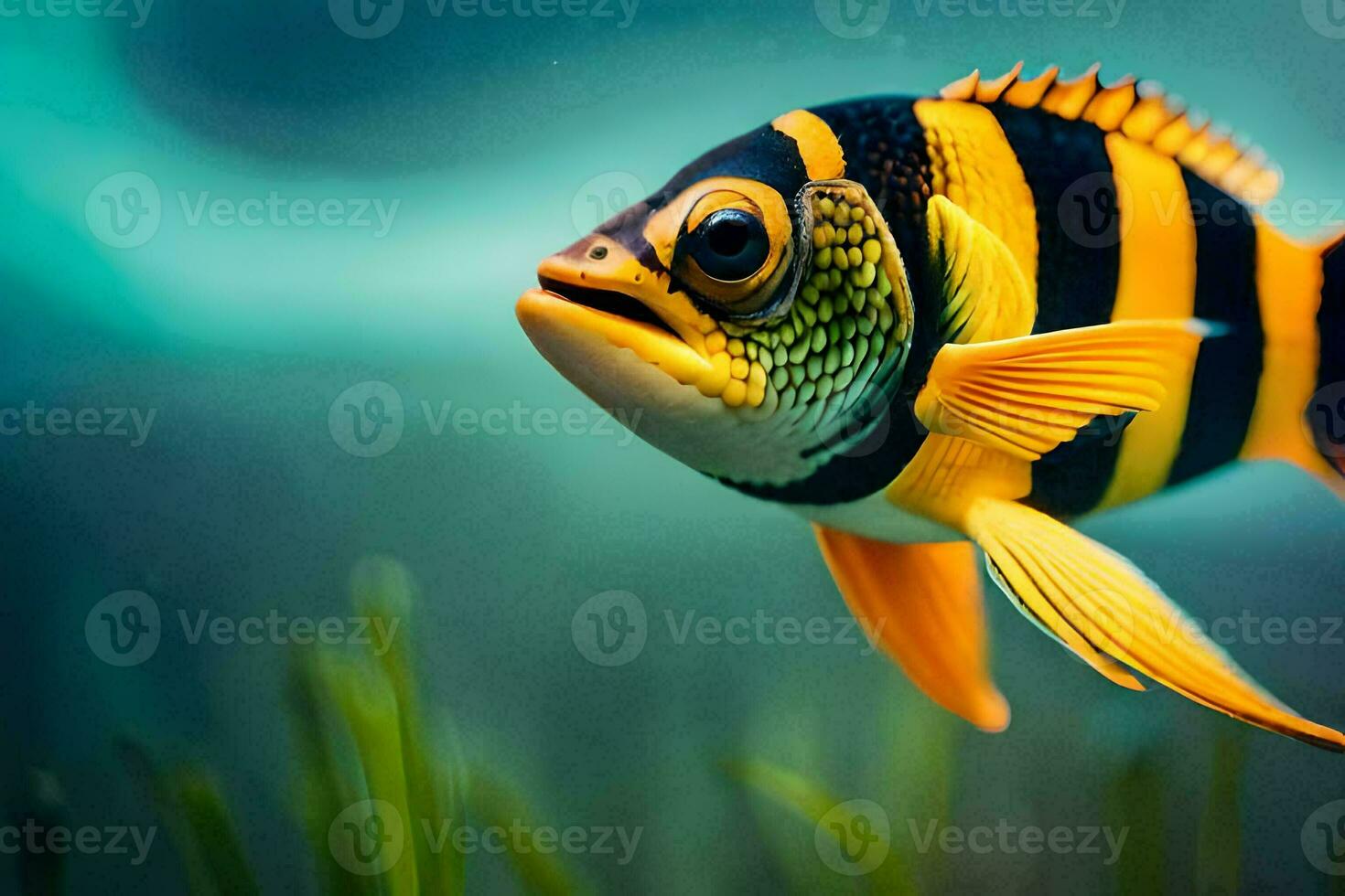 a striped fish swimming in the water. AI-Generated photo