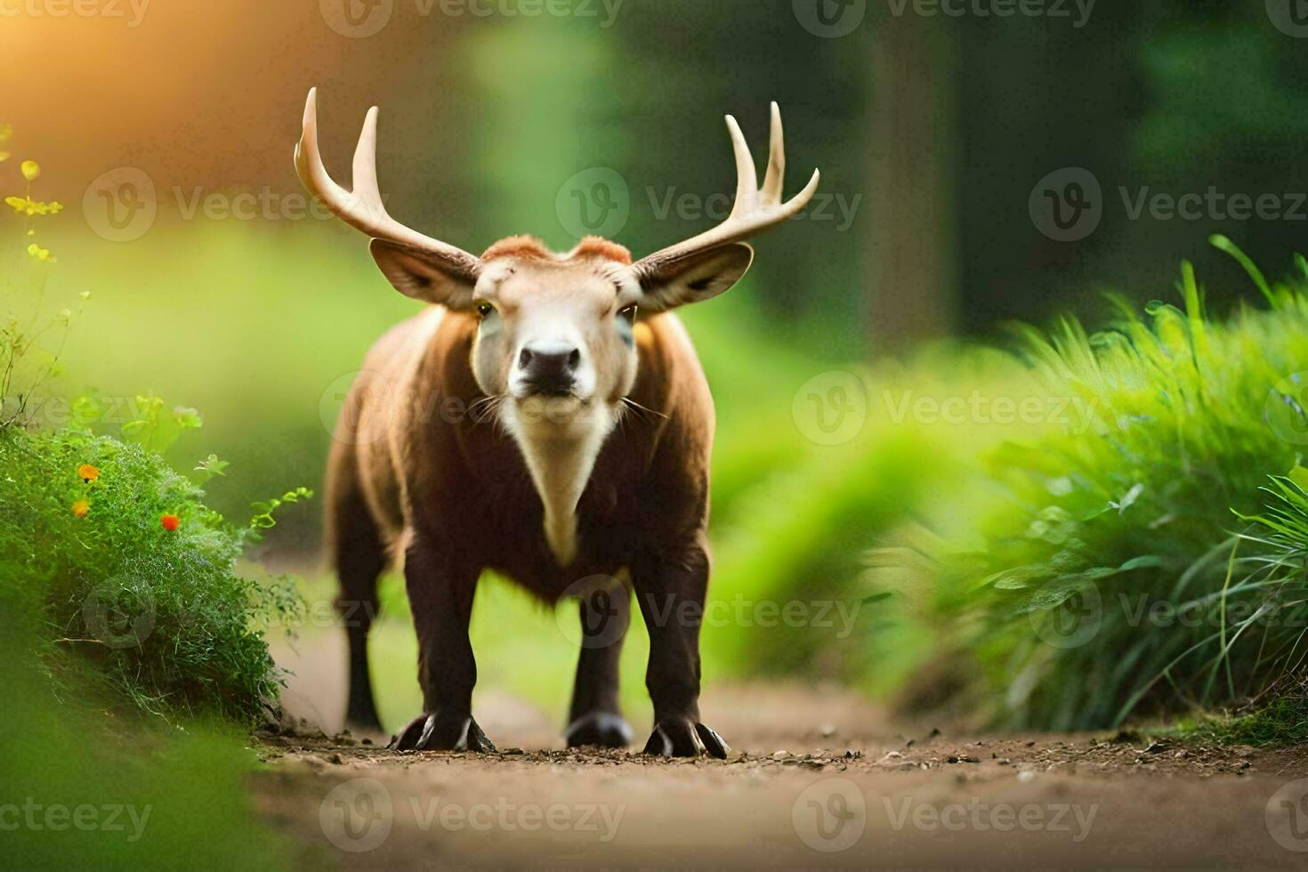 a deer with big horns standing on a dirt road. AI-Generated photo
