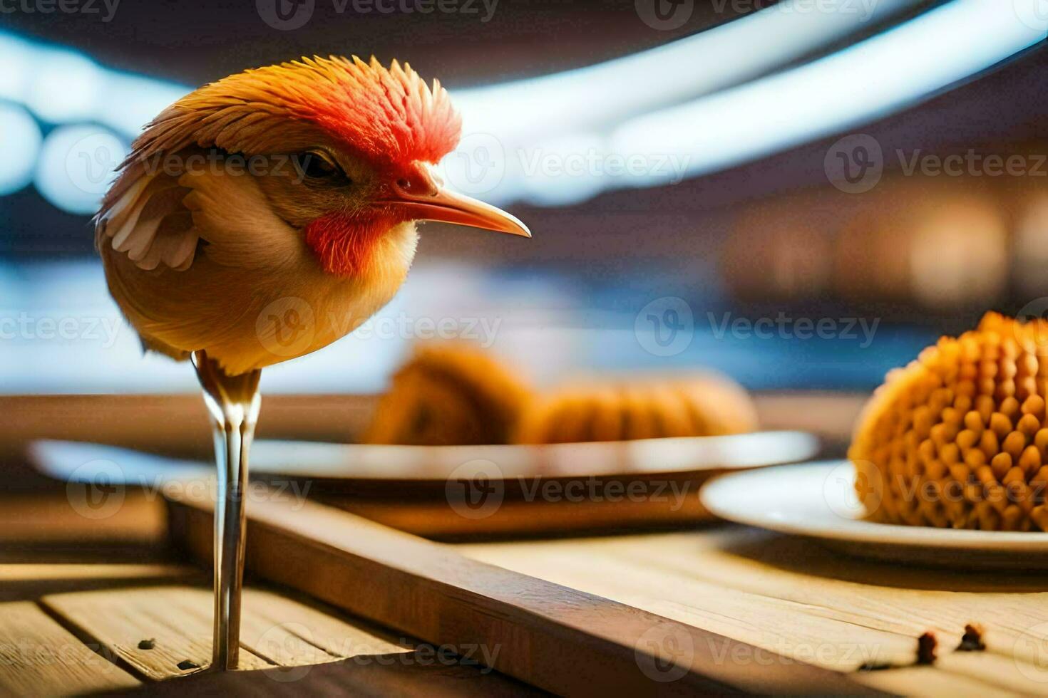 a bird with a red head sitting on a table. AI-Generated photo