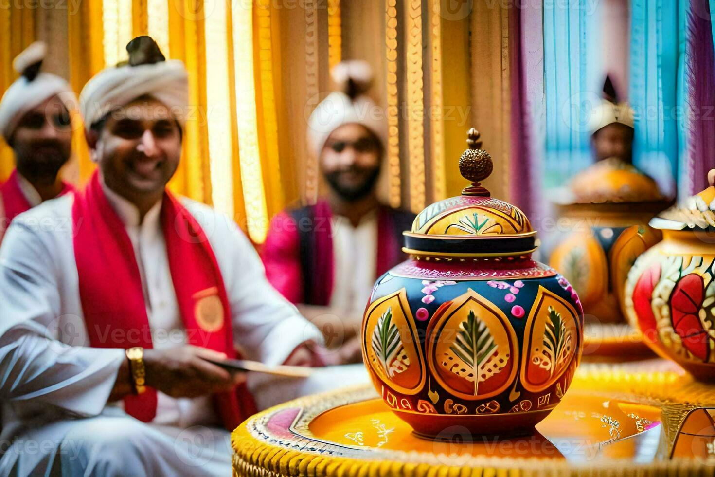 a man in a turban is playing a drum. AI-Generated photo