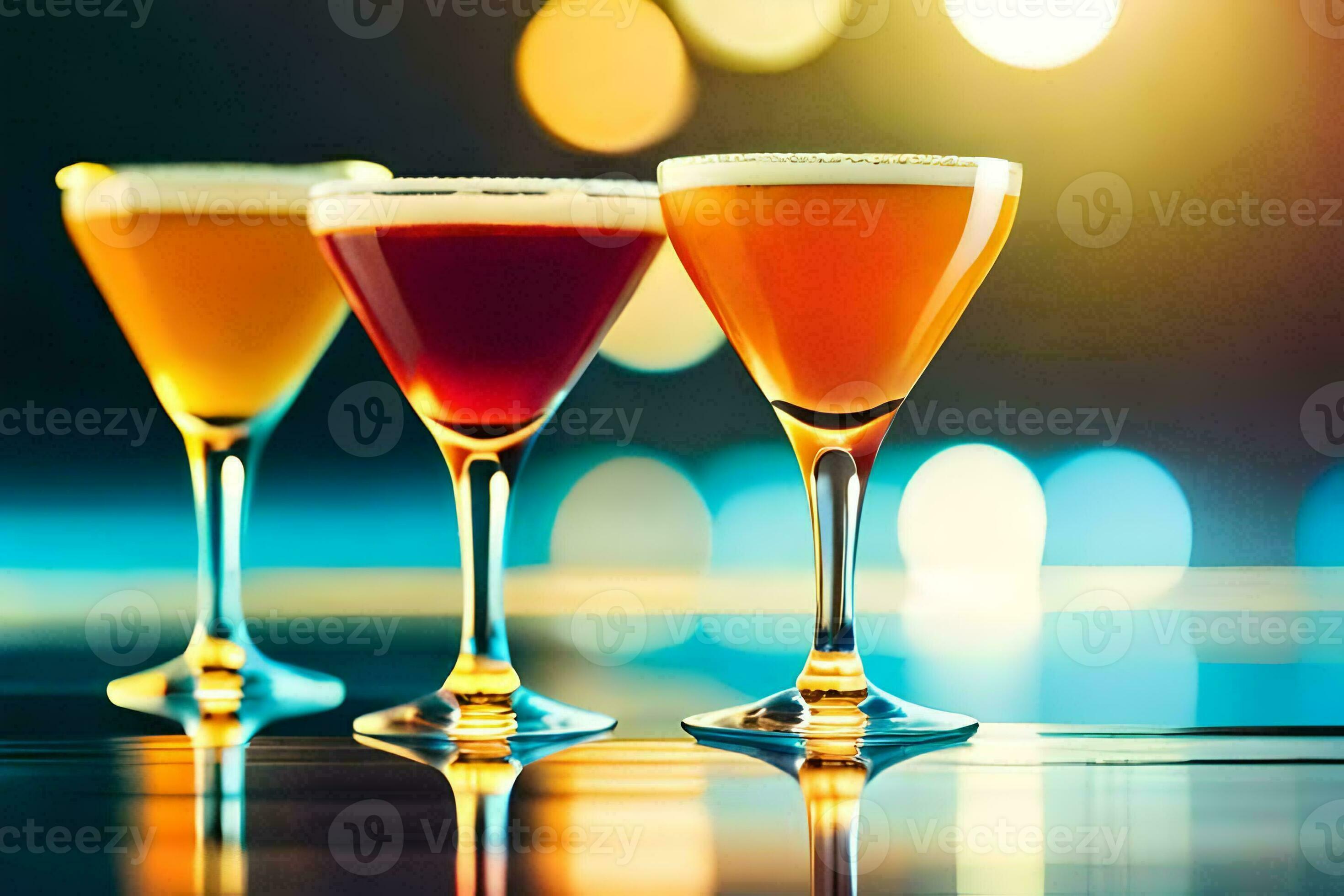 three different types of alcoholic drinks on a table. AIGenerated
