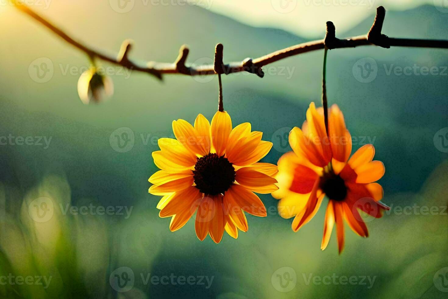 two sunflowers hanging from a branch in front of a mountain. AI-Generated photo
