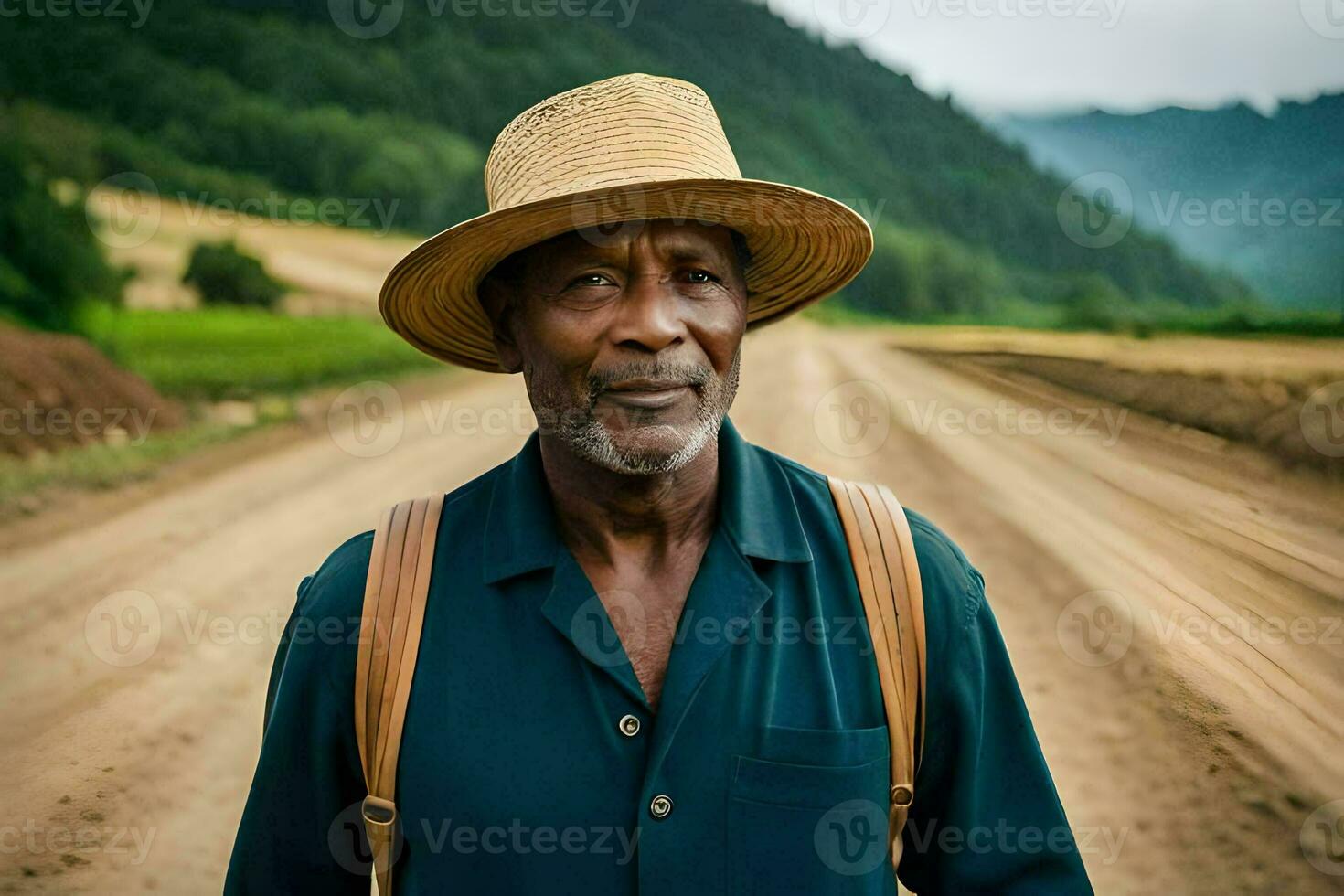 an older man wearing a hat and standing on a dirt road. AI-Generated photo