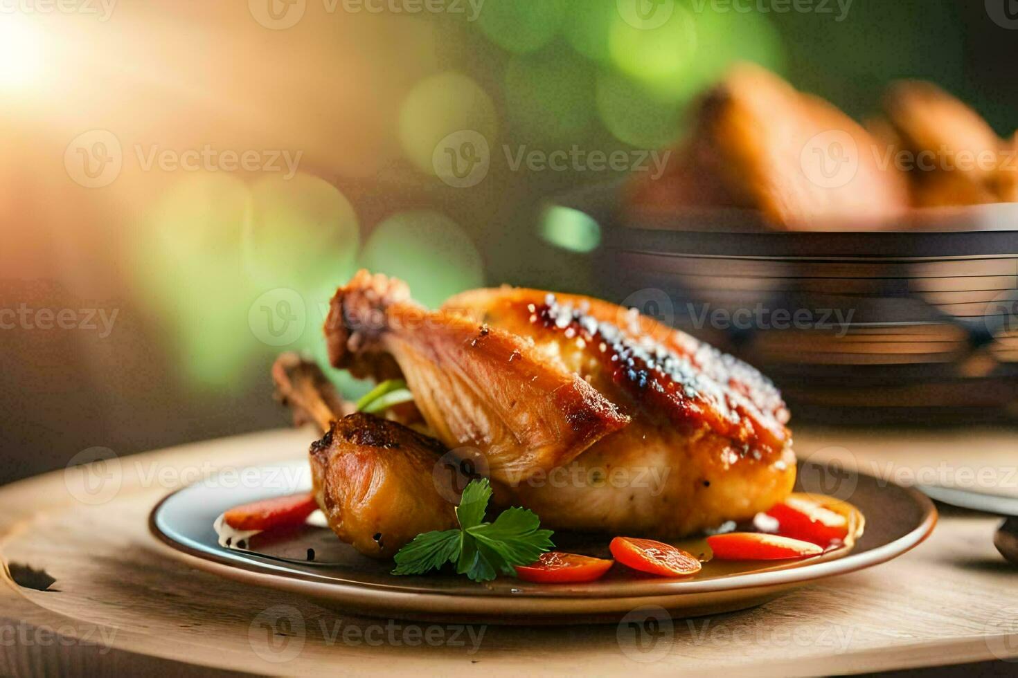 un pollo en un plato con un lado de vegetales. generado por ai foto