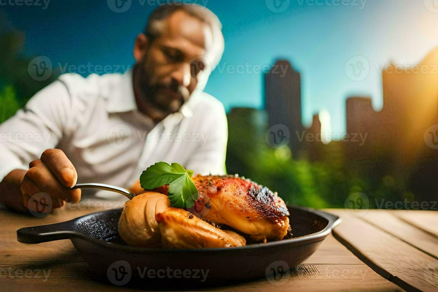 a man is eating a chicken in a pan on a table. AI-Generated photo