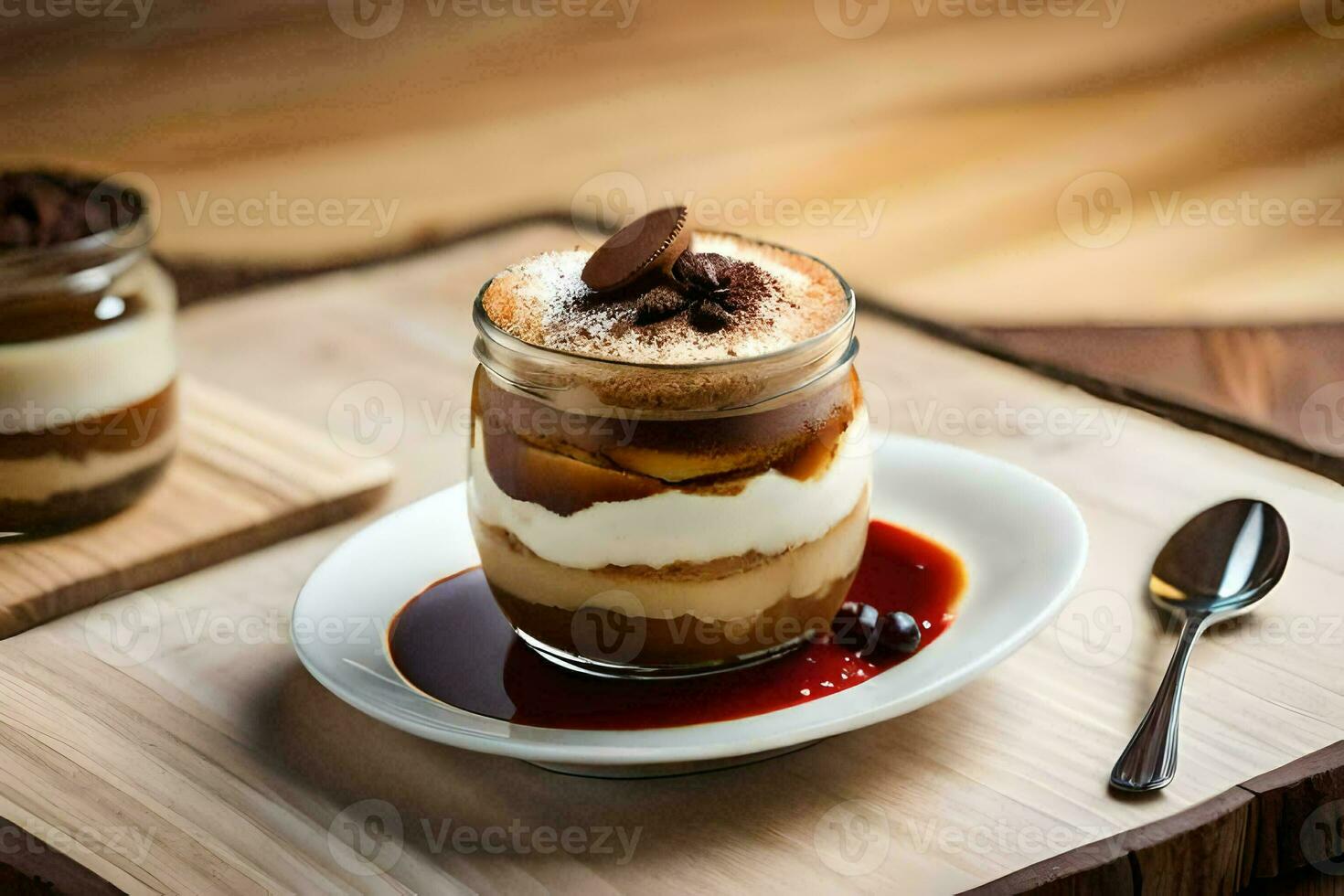two desserts in glass jars on a wooden table. AI-Generated photo