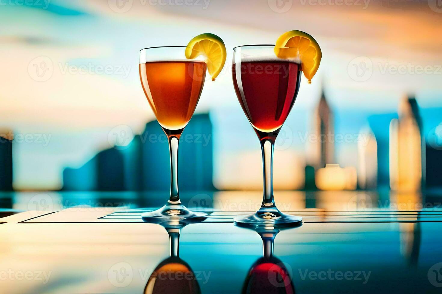 two glasses of wine with a slice of orange on the rim. AI-Generated photo