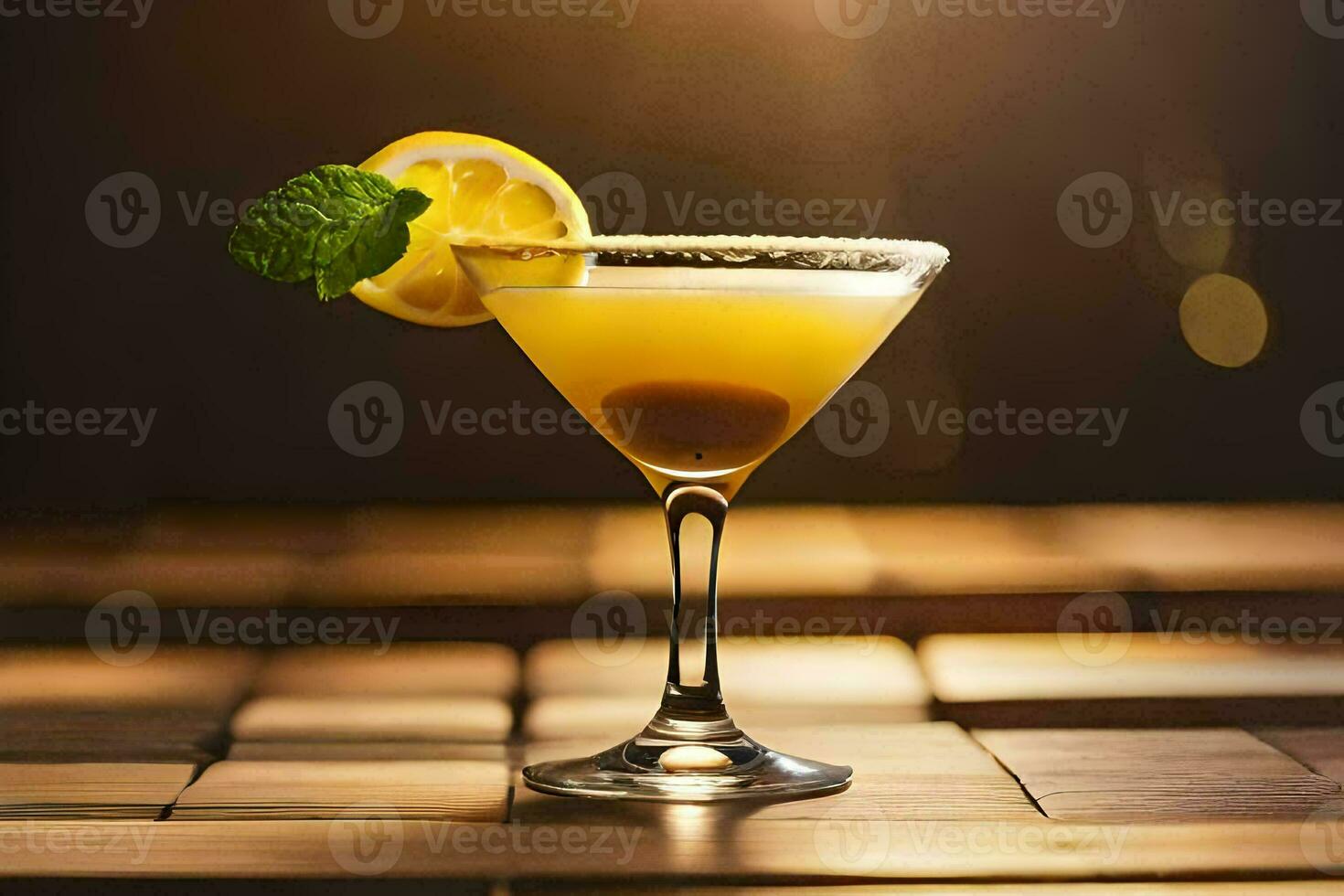 cocktail with lemon and mint on a wooden table. AI-Generated photo