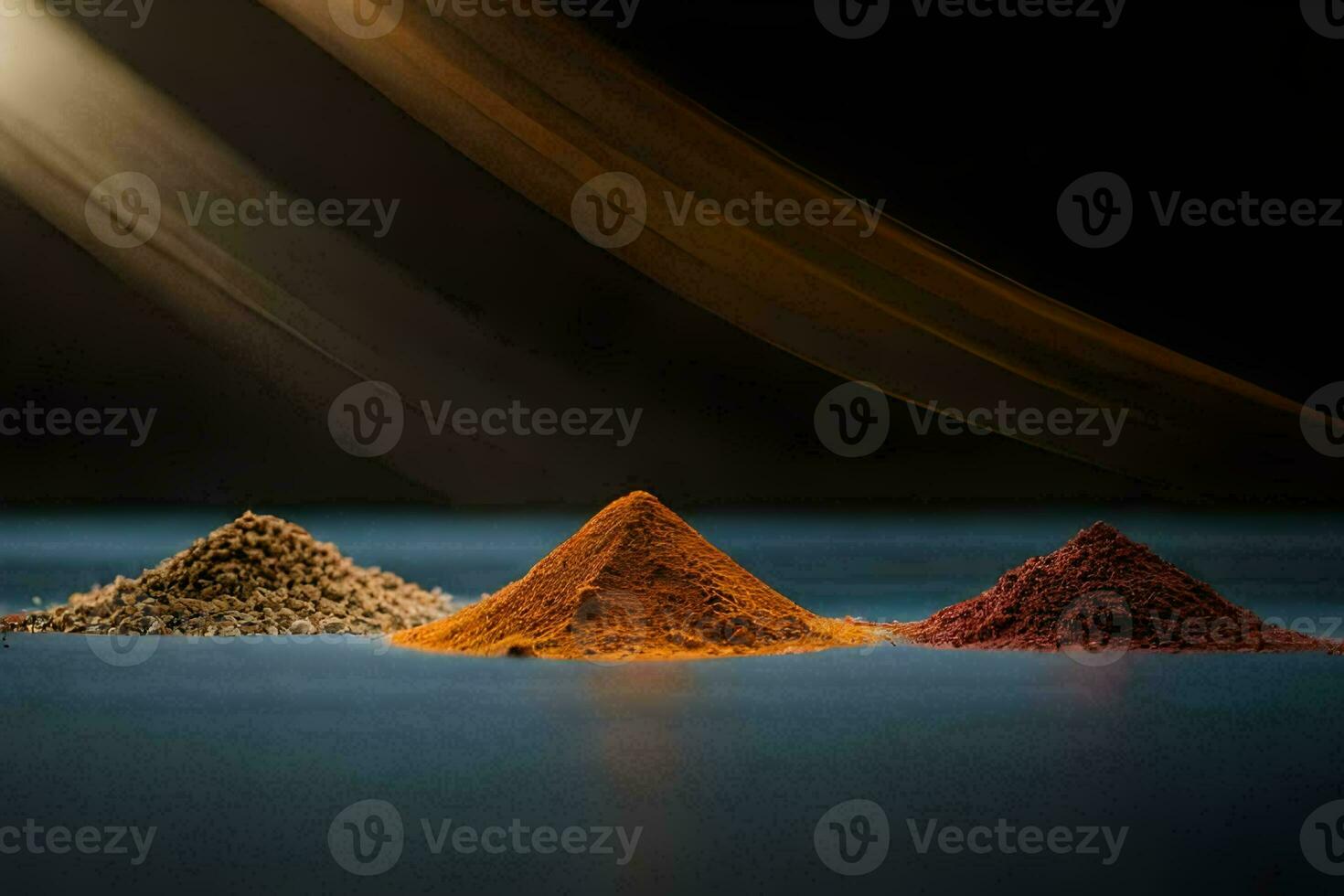 three different colored powders on a dark surface. AI-Generated photo