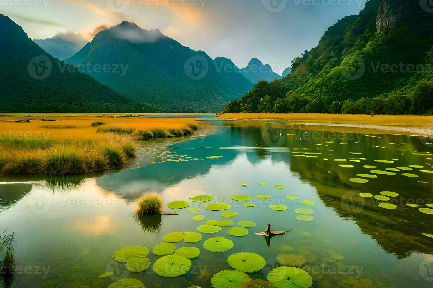 the mountains and water lillies in the foreground. AI-Generated photo