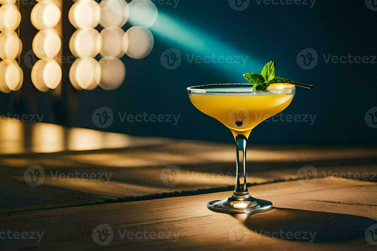 a cocktail sitting on a table in front of a bright light. AI-Generated photo