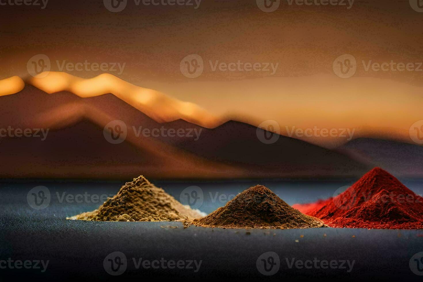 three different types of spices are shown in front of a mountain. AI-Generated photo