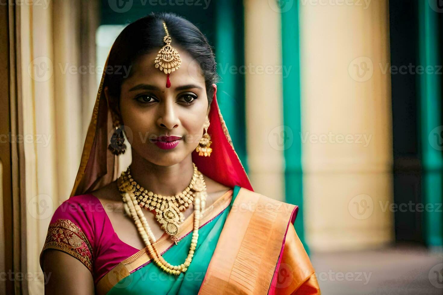 a beautiful indian woman wearing a colorful sari. AI-Generated photo