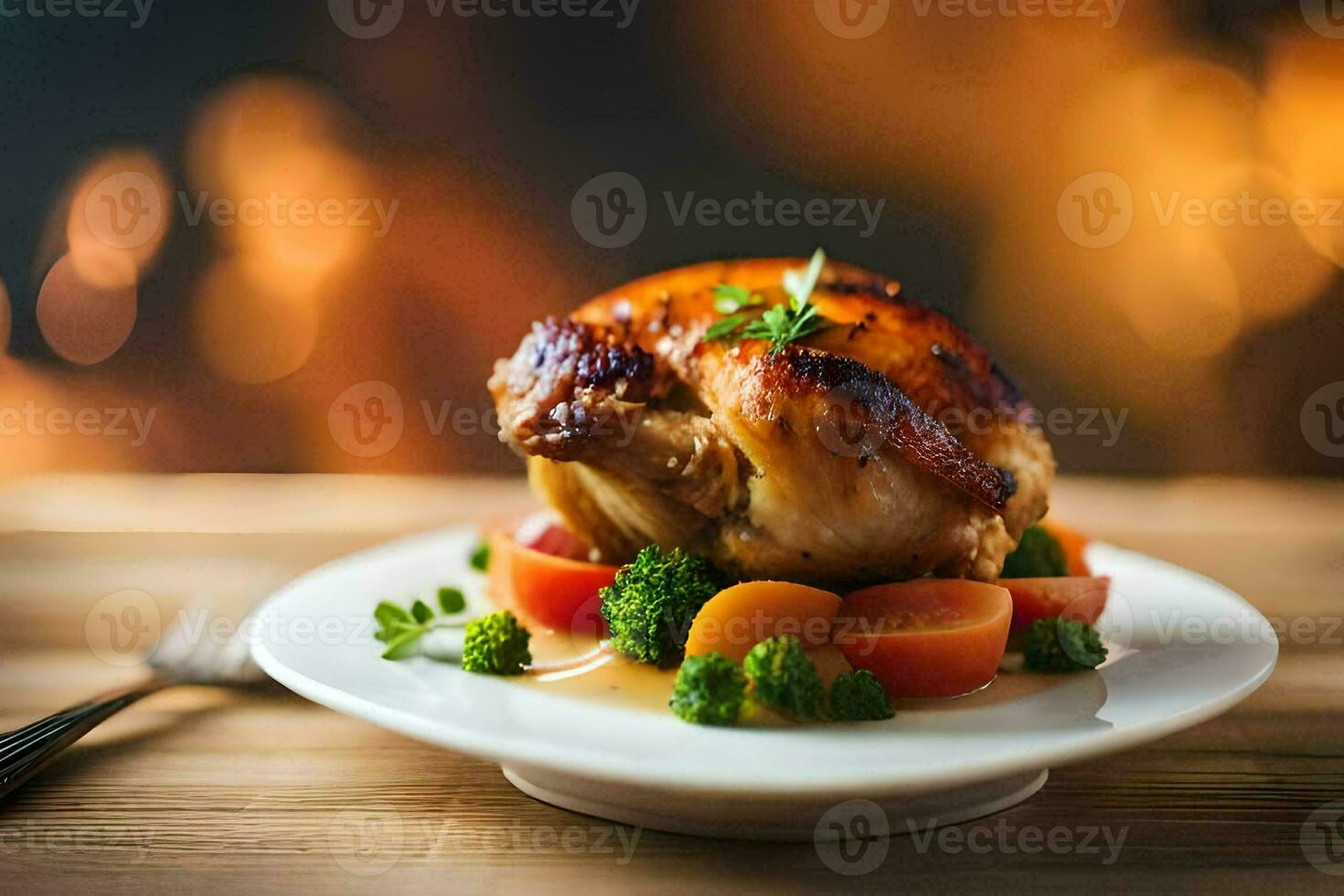 a chicken on a plate with broccoli and tomatoes. AI-Generated photo