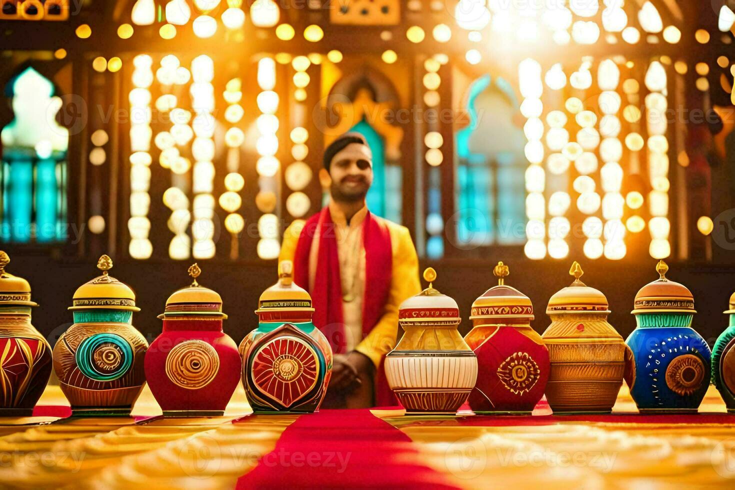 a man in a traditional indian outfit sits in front of colorful pots. AI-Generated photo