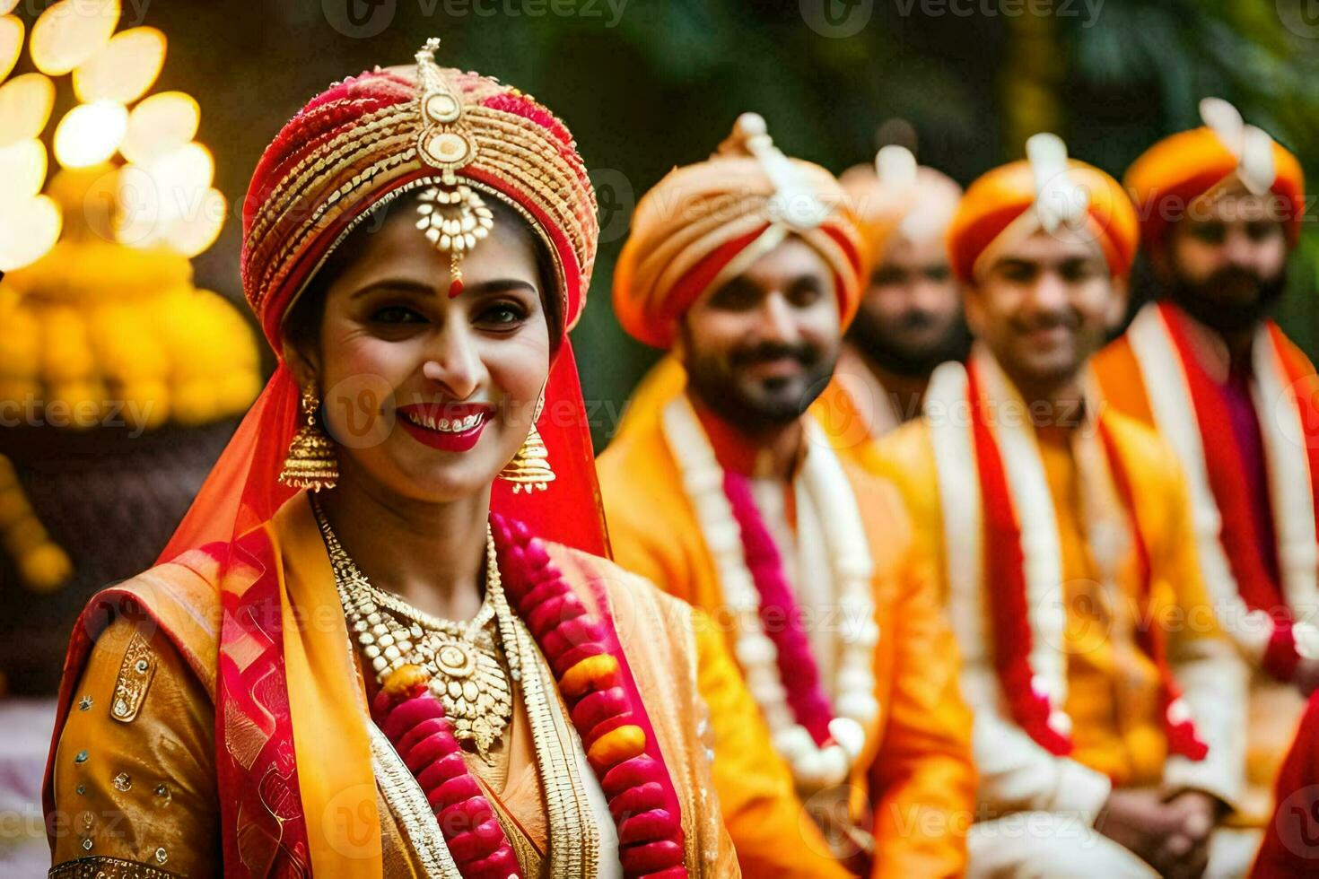 a bride and groom in traditional indian attire. AI-Generated photo