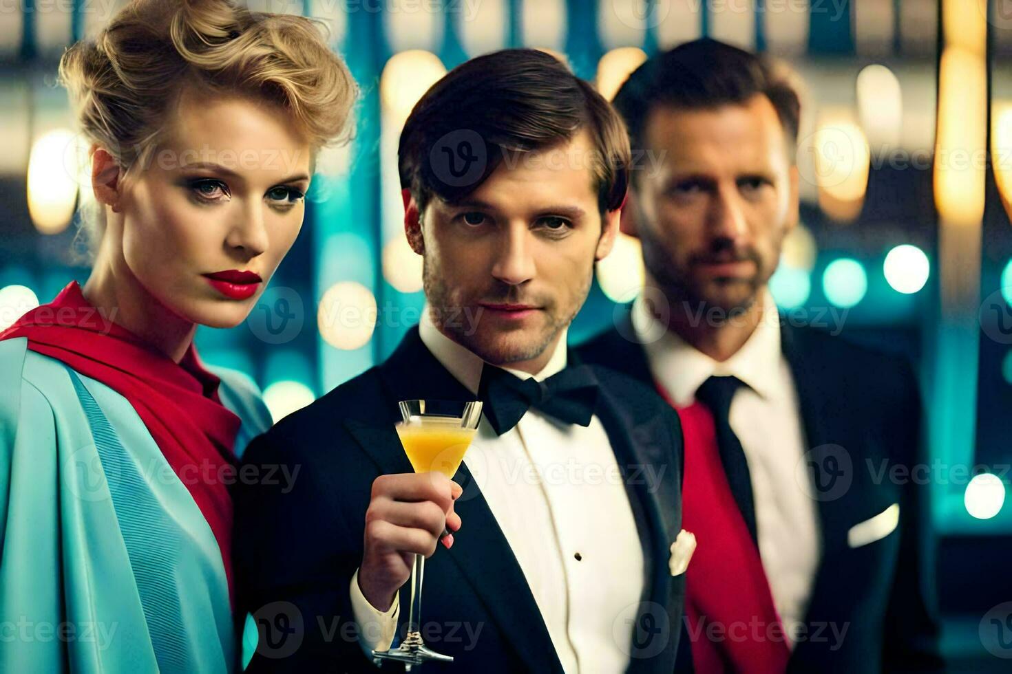 three people in suits holding drinks. AI-Generated photo