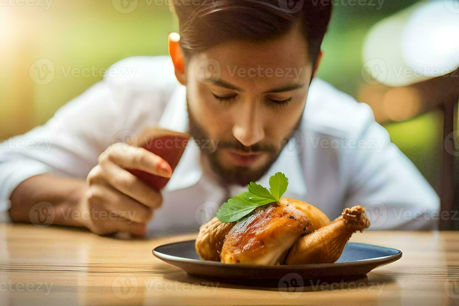 a man is looking at a plate of chicken. AI-Generated photo