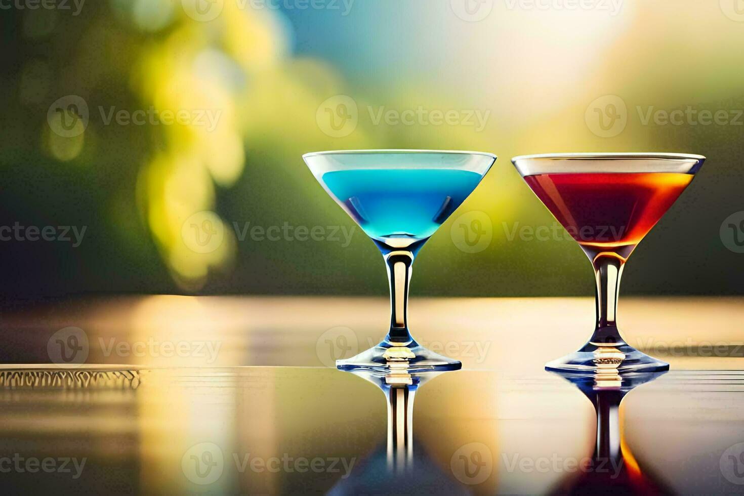 two colorful cocktails on a table with blurred background. AI-Generated photo