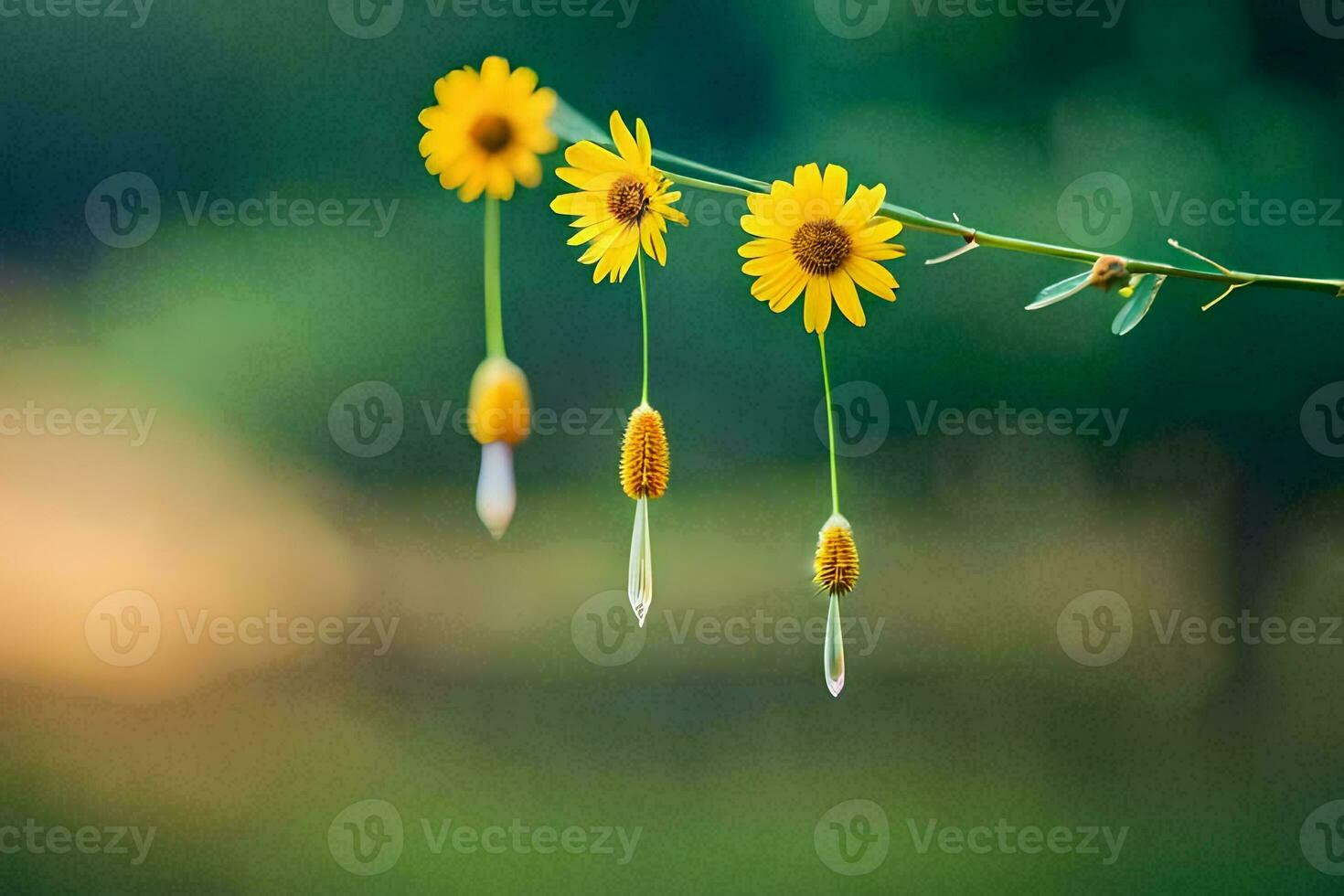 three yellow flowers hang from a branch. AI-Generated photo