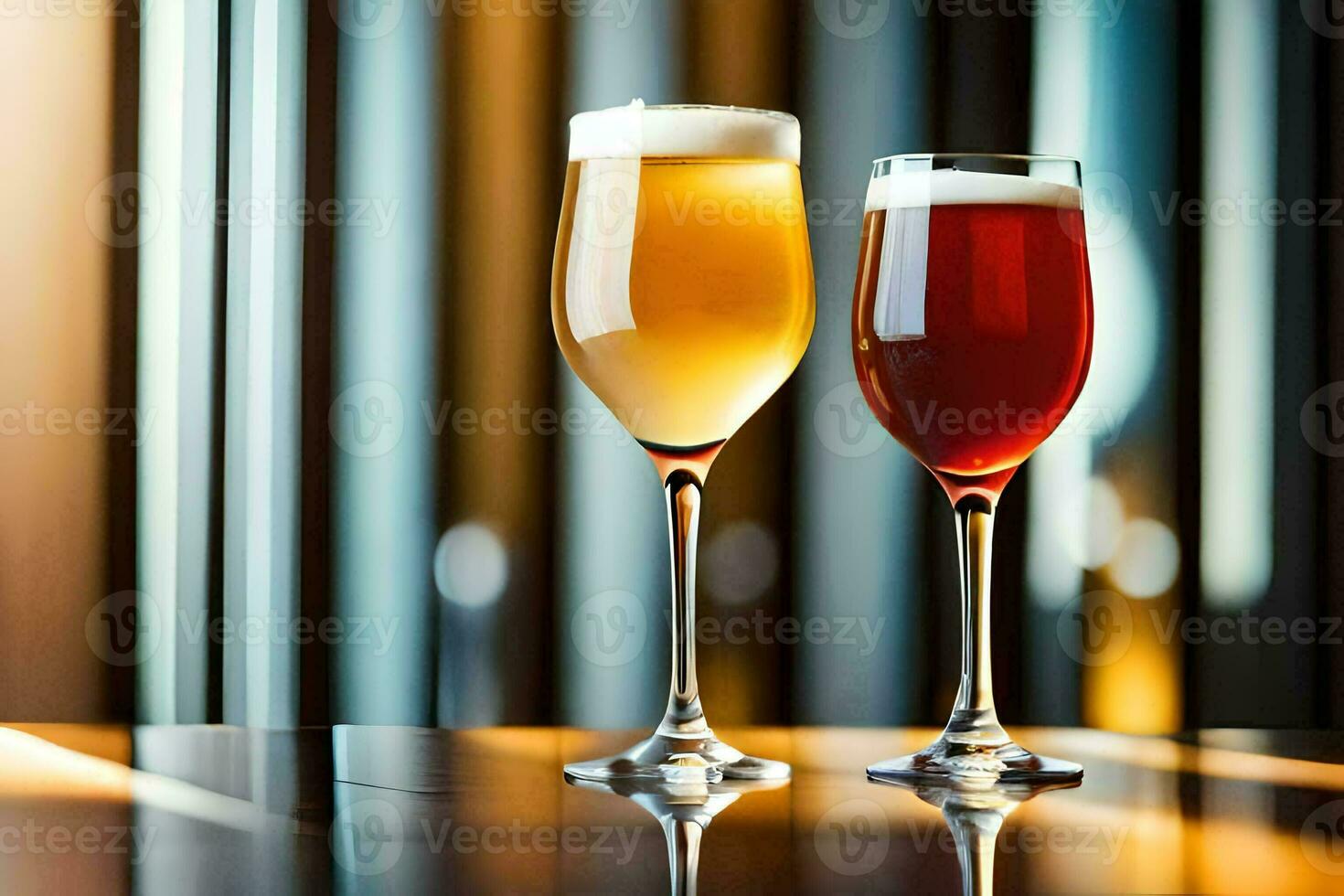 two glasses of beer sit on a table. AI-Generated photo