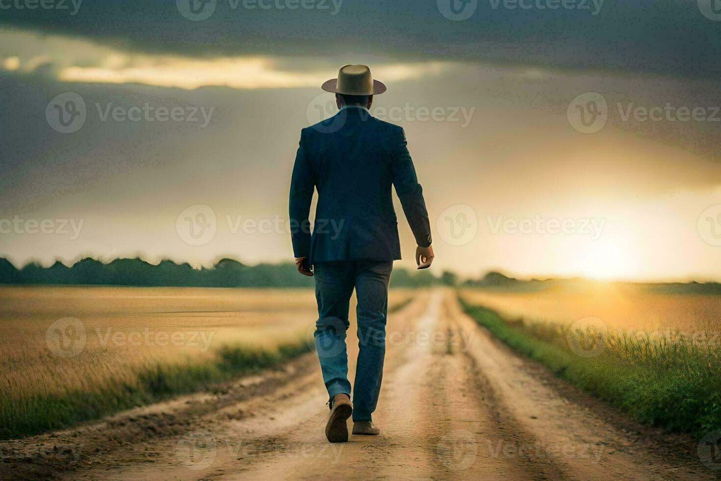 a man in a suit and hat walks down a dirt road. AI-Generated photo