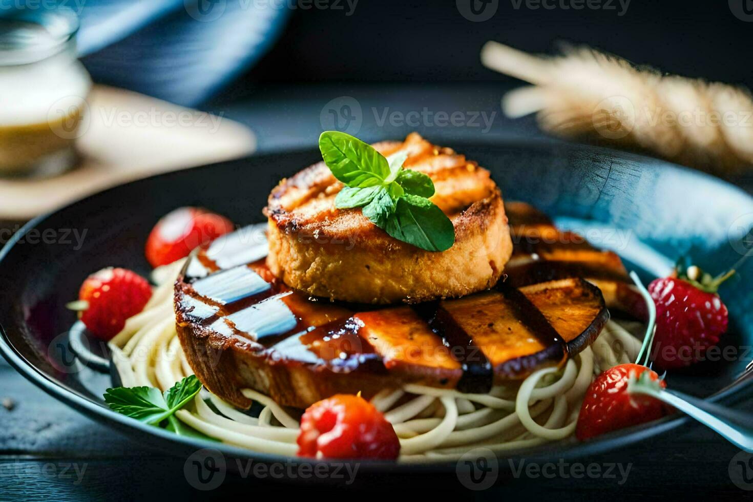 the food is served on a plate with a fork and a spoon. AI-Generated photo