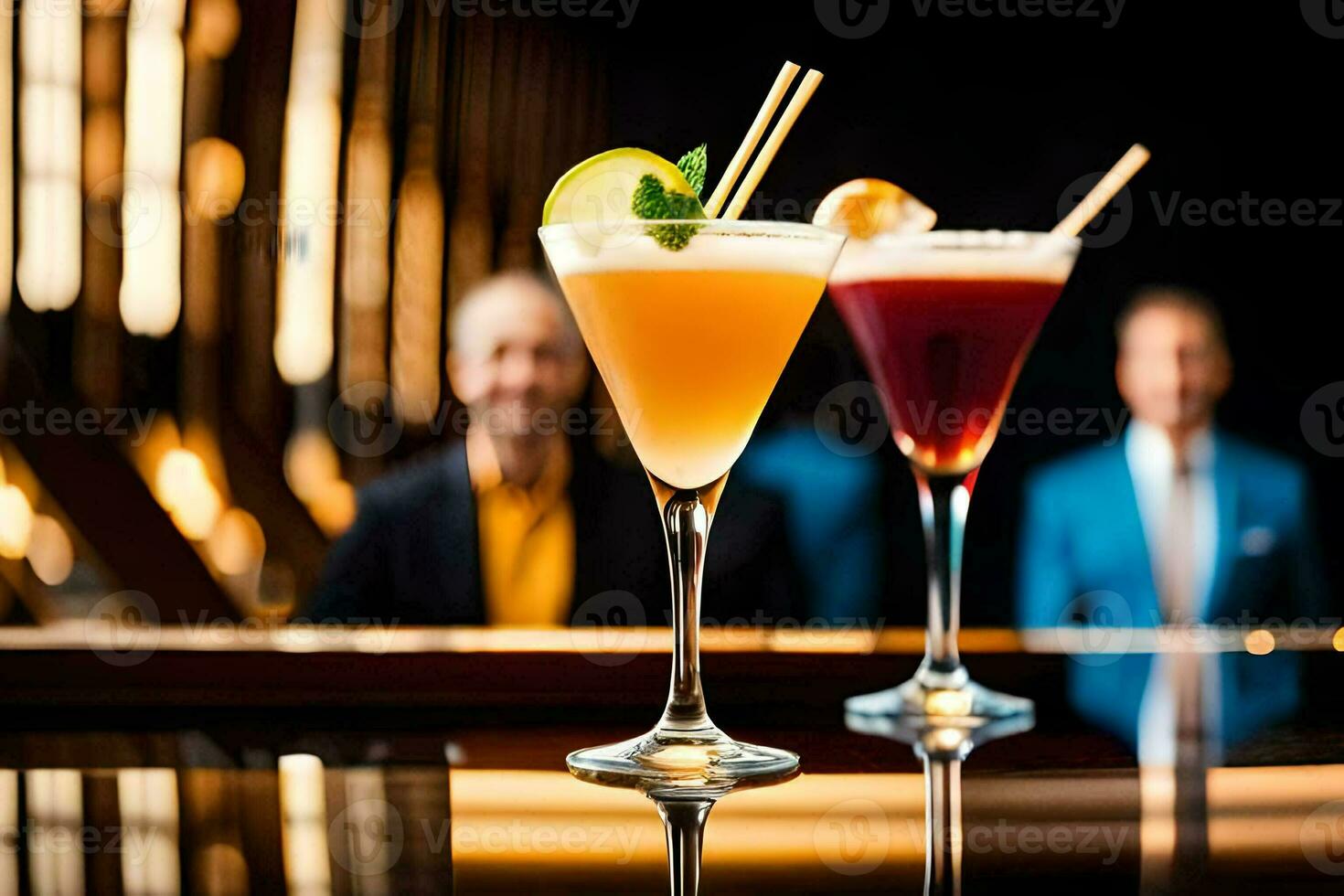 two cocktails sit on a bar with a man behind them. AI-Generated photo