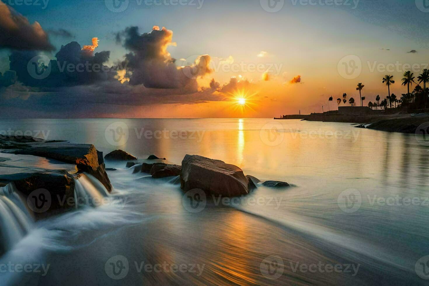the sun sets over the ocean and rocks in the water. AI-Generated photo