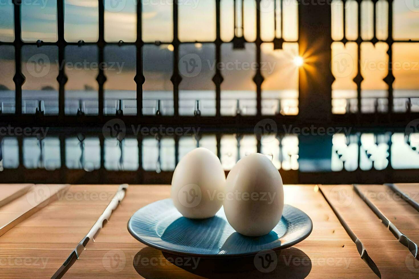two eggs sit on a plate in front of a pool. AI-Generated photo