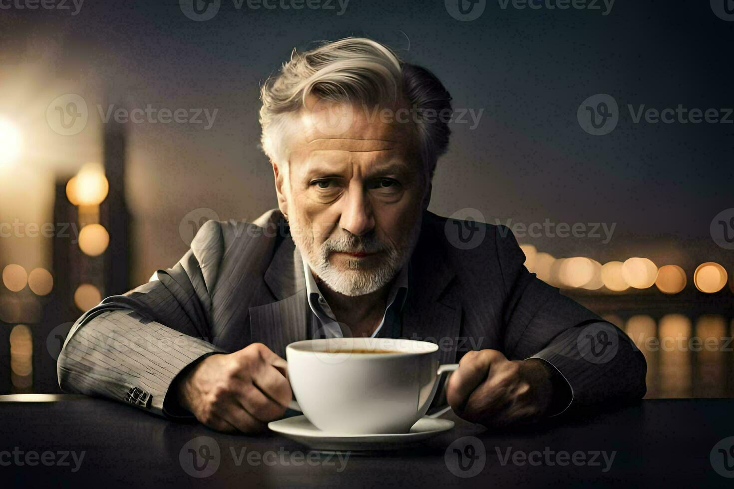 an older man in a suit holding a cup of coffee. AI-Generated photo
