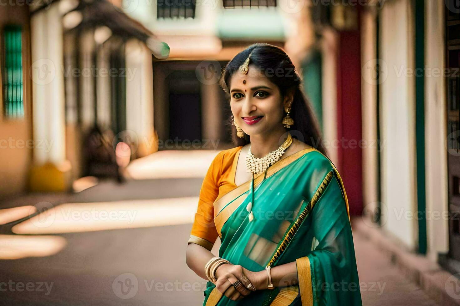 a beautiful woman in a sari standing in an alley. AI-Generated photo