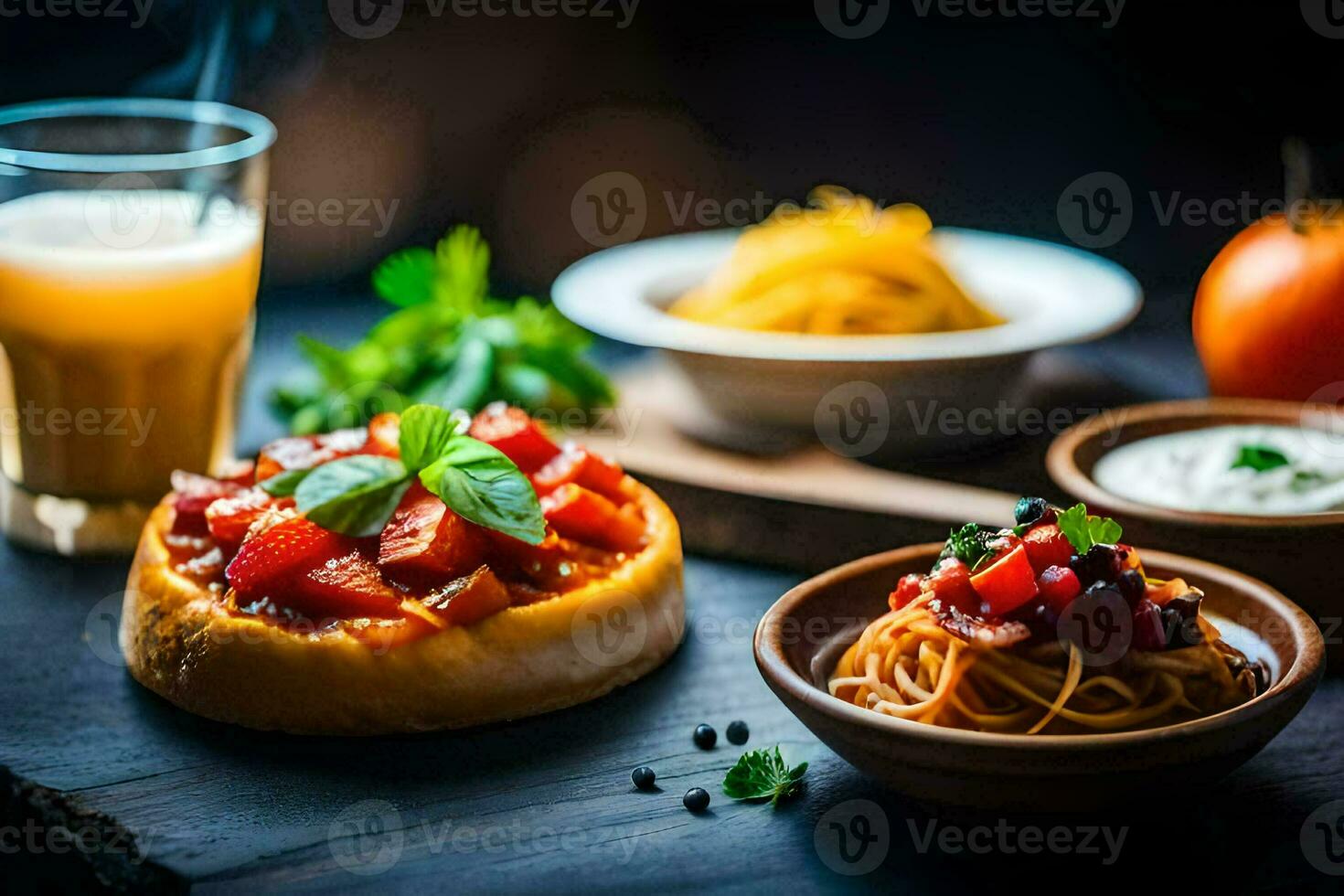 the food is served on a wooden table with a glass of juice. AI-Generated photo