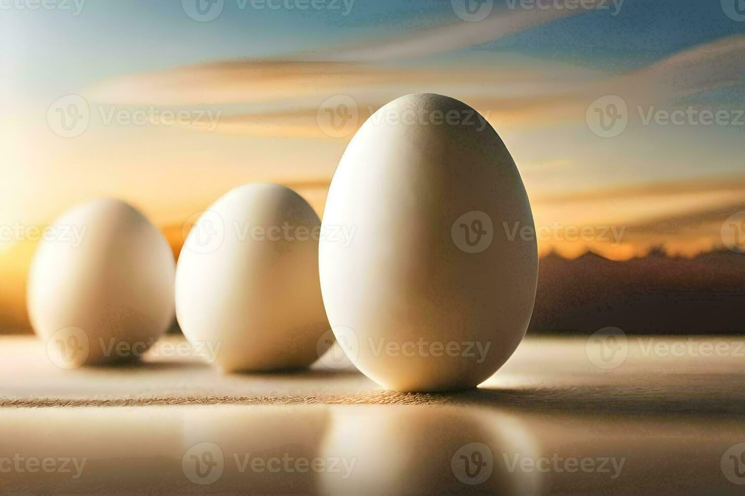 Tres huevos son en pie en un mesa con un puesta de sol en el antecedentes. generado por ai foto