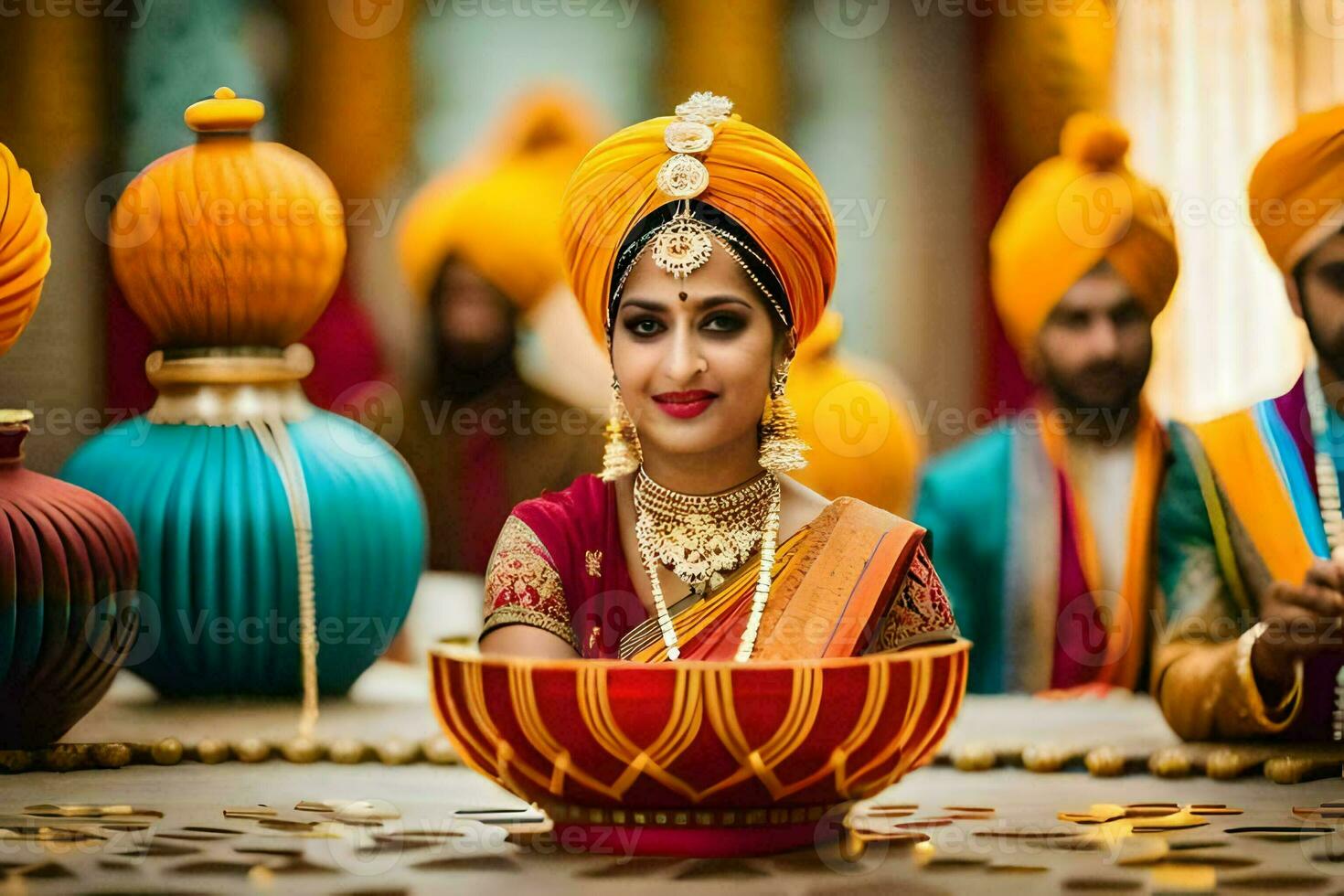 un hermosa indio novia en un turbante. generado por ai foto