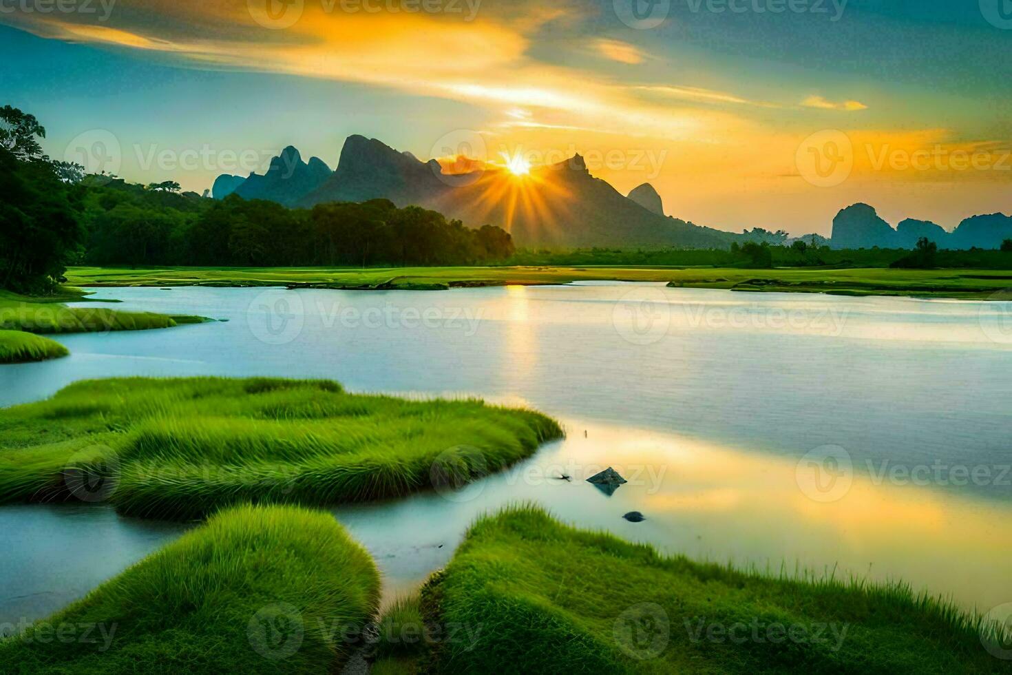 the sun rises over the mountains and the river. AI-Generated photo